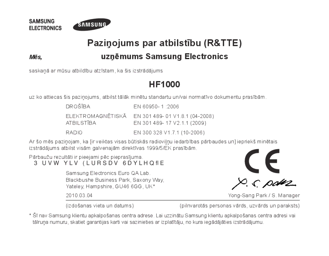 Samsung BHF1000VBECSER, BHF1000VBECSEB manual Paziņojums par atbilstību R&TTE 