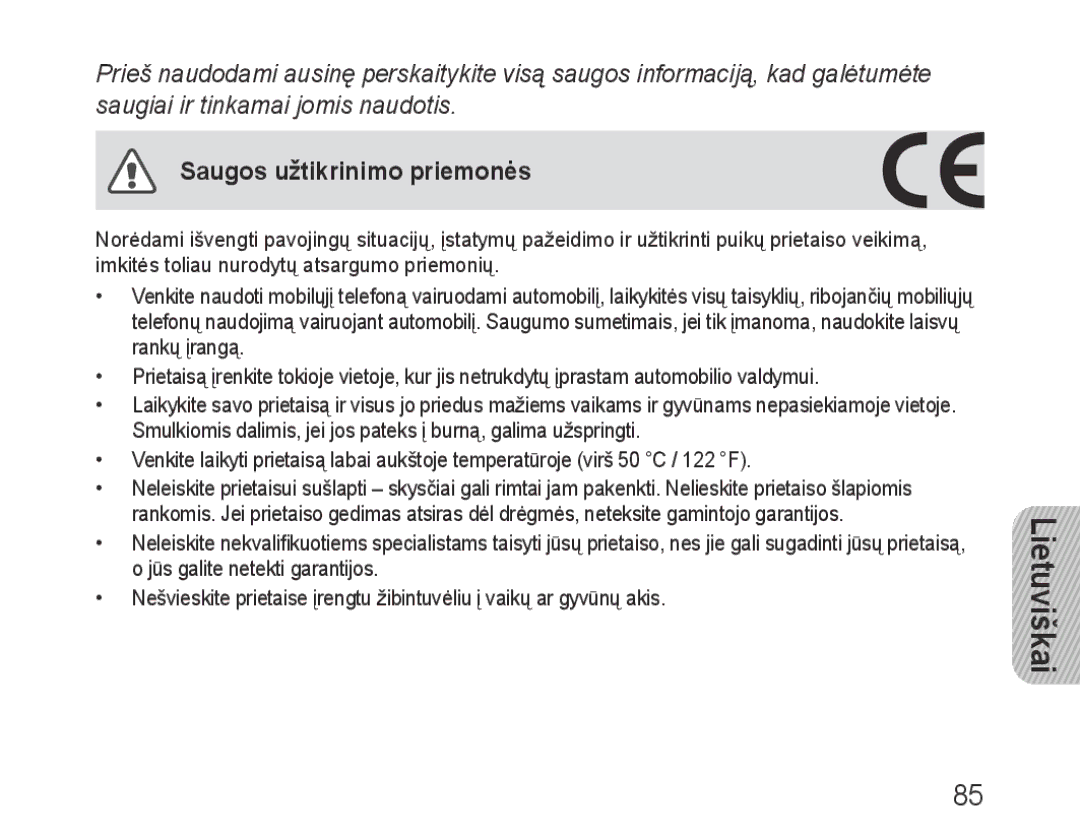 Samsung BHF1000VBECSER, BHF1000VBECSEB manual Saugos užtikrinimo priemonės 