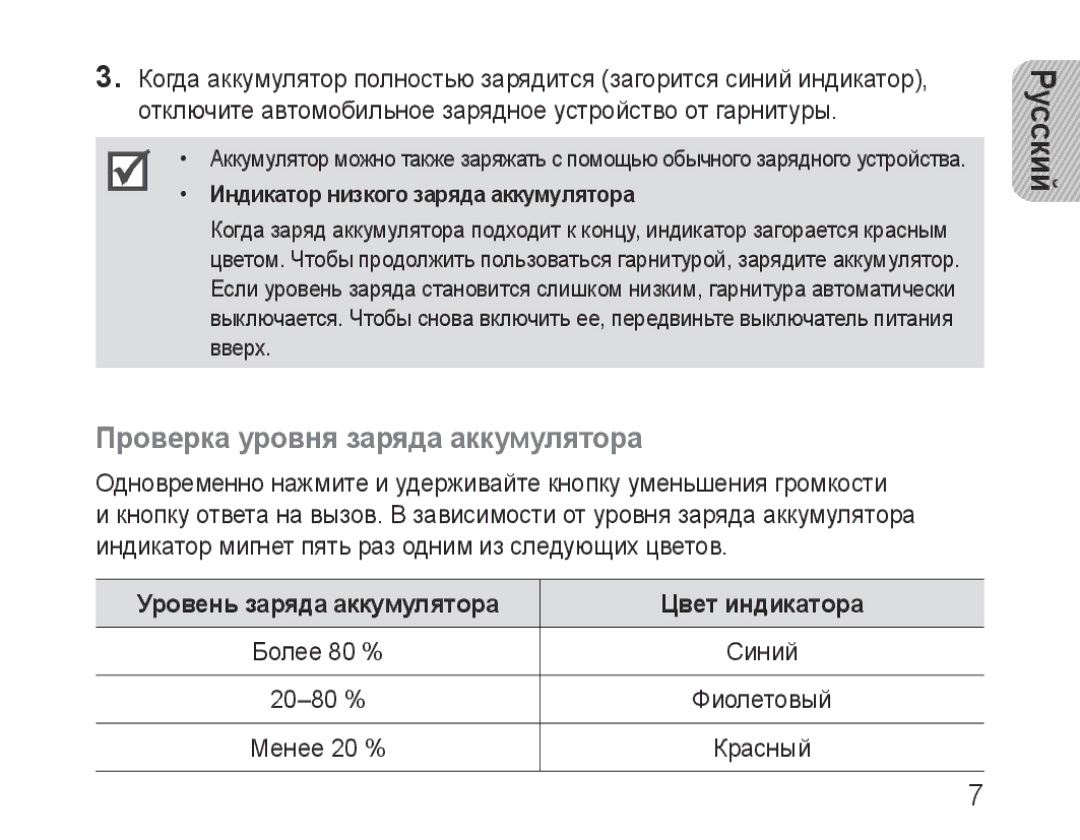 Samsung BHF1000VBECSER, BHF1000VBECSEB Проверка уровня заряда аккумулятора, Уровень заряда аккумулятора Цвет индикатора 