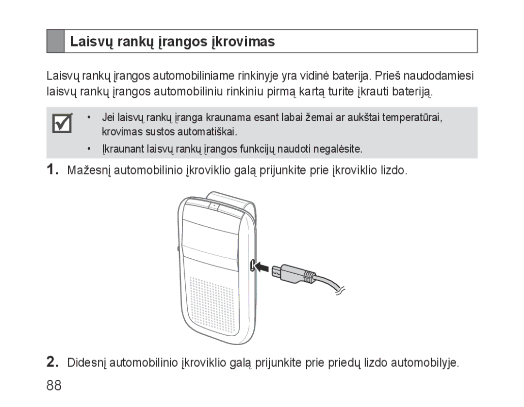 Samsung BHF1000VBECSEB, BHF1000VBECSER manual Laisvų rankų įrangos įkrovimas 