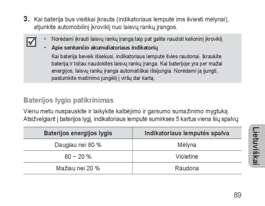 Samsung BHF1000VBECSER manual Baterijos lygio patikrinimas, Baterijos energijos lygis Indikatoriaus lemputės spalva 