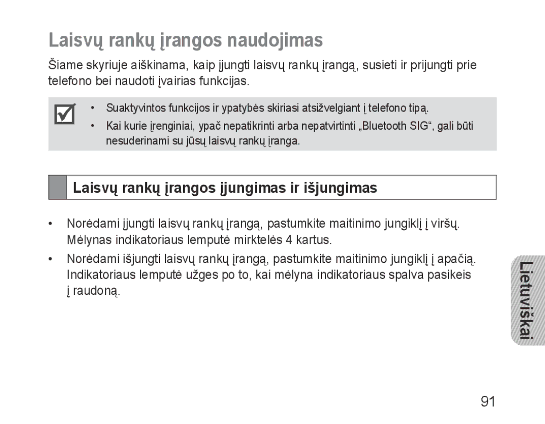 Samsung BHF1000VBECSER, BHF1000VBECSEB manual Laisvų rankų įrangos naudojimas, Laisvų rankų įrangos įjungimas ir išjungimas 