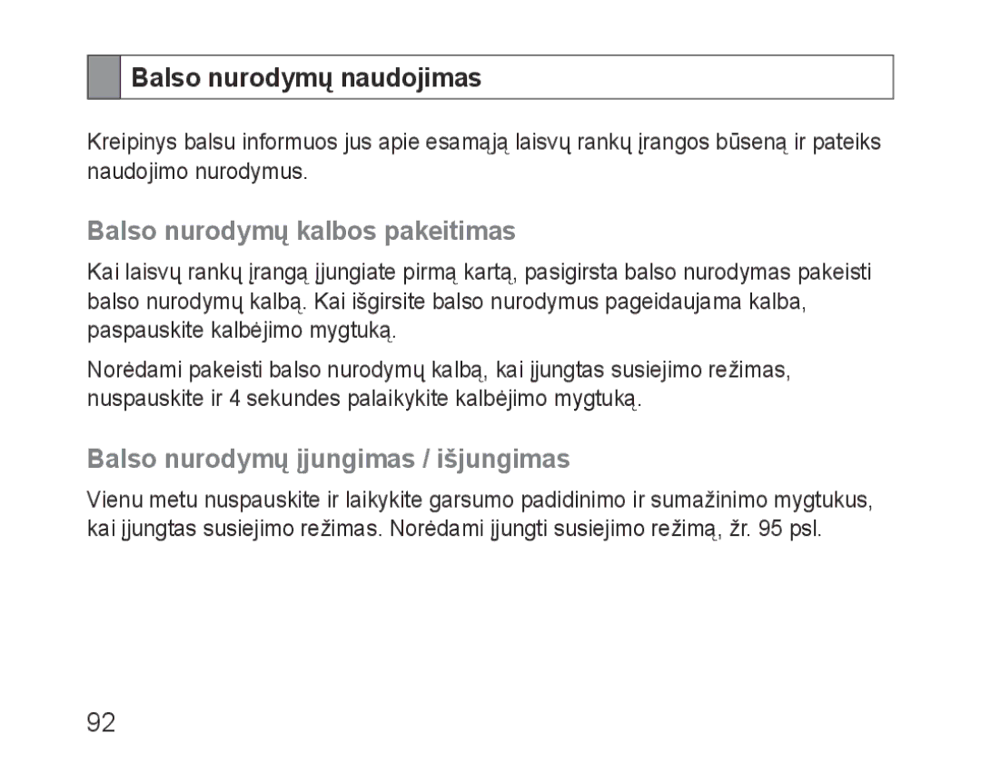 Samsung BHF1000VBECSEB Balso nurodymų naudojimas, Balso nurodymų kalbos pakeitimas, Balso nurodymų įjungimas / išjungimas 