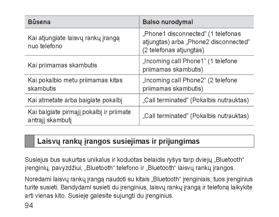 Samsung BHF1000VBECSEB, BHF1000VBECSER manual Laisvų rankų įrangos susiejimas ir prijungimas 