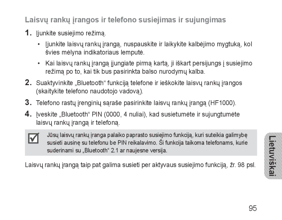 Samsung BHF1000VBECSER, BHF1000VBECSEB manual Laisvų rankų įrangos ir telefono susiejimas ir sujungimas 