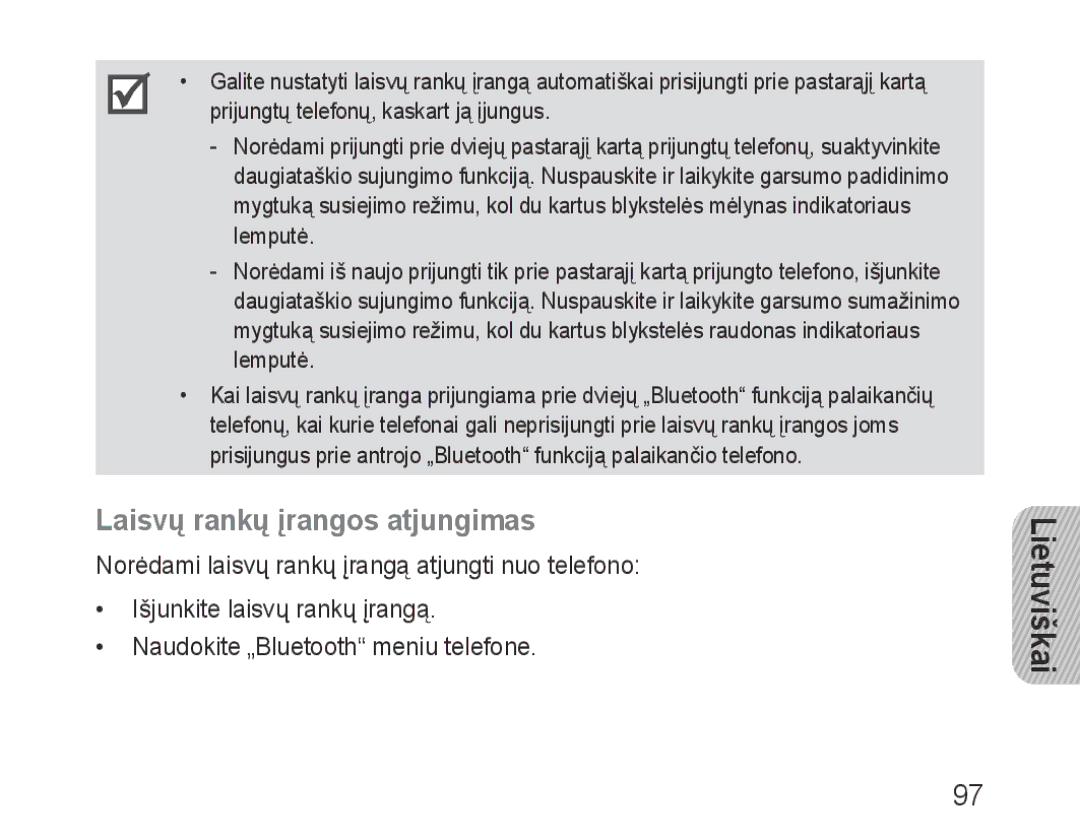 Samsung BHF1000VBECSER, BHF1000VBECSEB manual Laisvų rankų įrangos atjungimas 