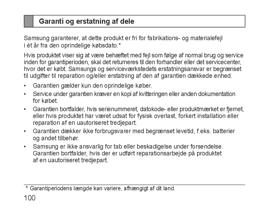 Samsung BHF1000VBECFOP, BHF1000VBECXEF, BHF1000VBECXET, BHF1000VMECFOP, BHF1000VBECXSG manual Garanti og erstatning af dele 