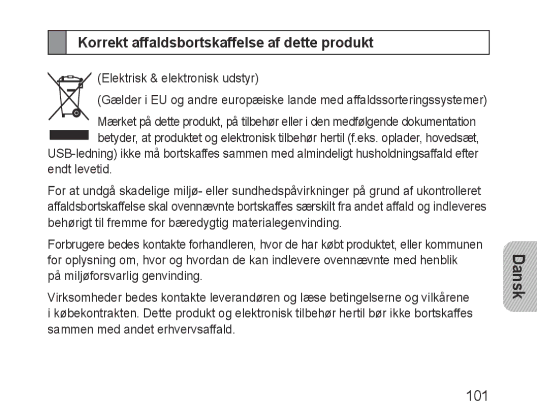 Samsung BHF1000VBECXSG, BHF1000VBECXEF, BHF1000VBECXET, BHF1000VMECFOP Korrekt affaldsbortskaffelse af dette produkt, 101 