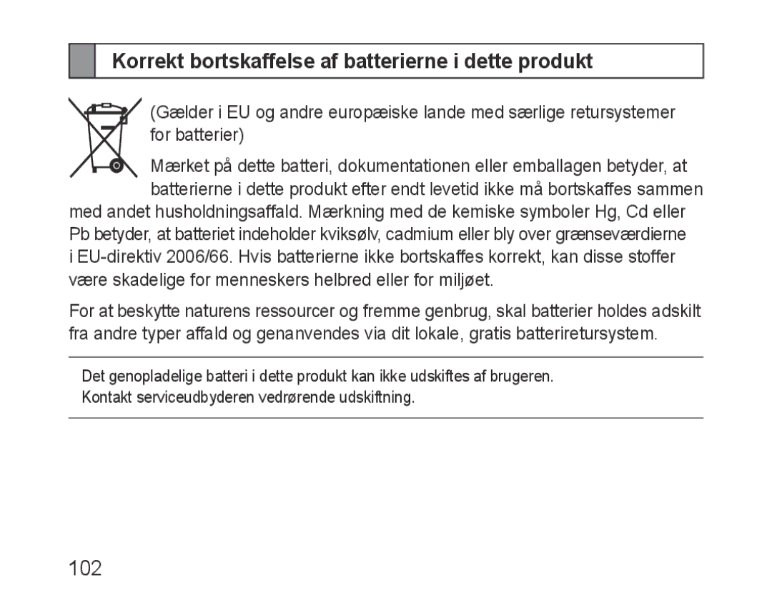 Samsung BHF1000VBEGJED, BHF1000VBECXEF, BHF1000VBECXET manual Korrekt bortskaffelse af batterierne i dette produkt, 102 