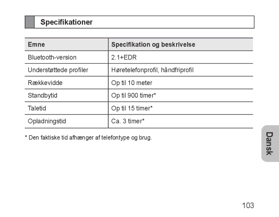 Samsung BHF1000VBECXEH, BHF1000VBECXEF, BHF1000VBECXET, BHF1000VMECFOP, BHF1000VBECFOP 103, Emne Specifikation og beskrivelse 