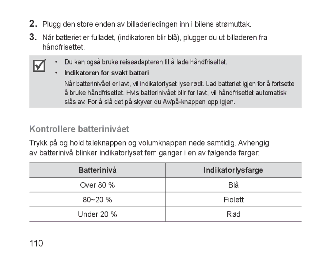 Samsung BHF1000VMECFOP, BHF1000VBECXEF, BHF1000VBECXET manual Kontrollere batterinivået, 110, Batterinivå Indikatorlysfarge 