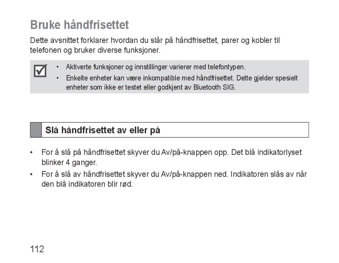 Samsung BHF1000VBECXSG, BHF1000VBECXEF, BHF1000VBECXET manual Bruke håndfrisettet, Slå håndfrisettet av eller på, 112 