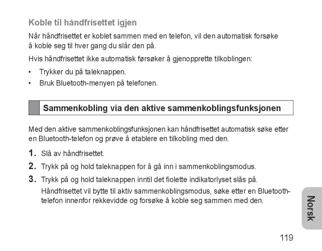 Samsung BHF1000VBECXEF manual Koble til håndfrisettet igjen, Sammenkobling via den aktive sammenkoblingsfunksjonen, 119 