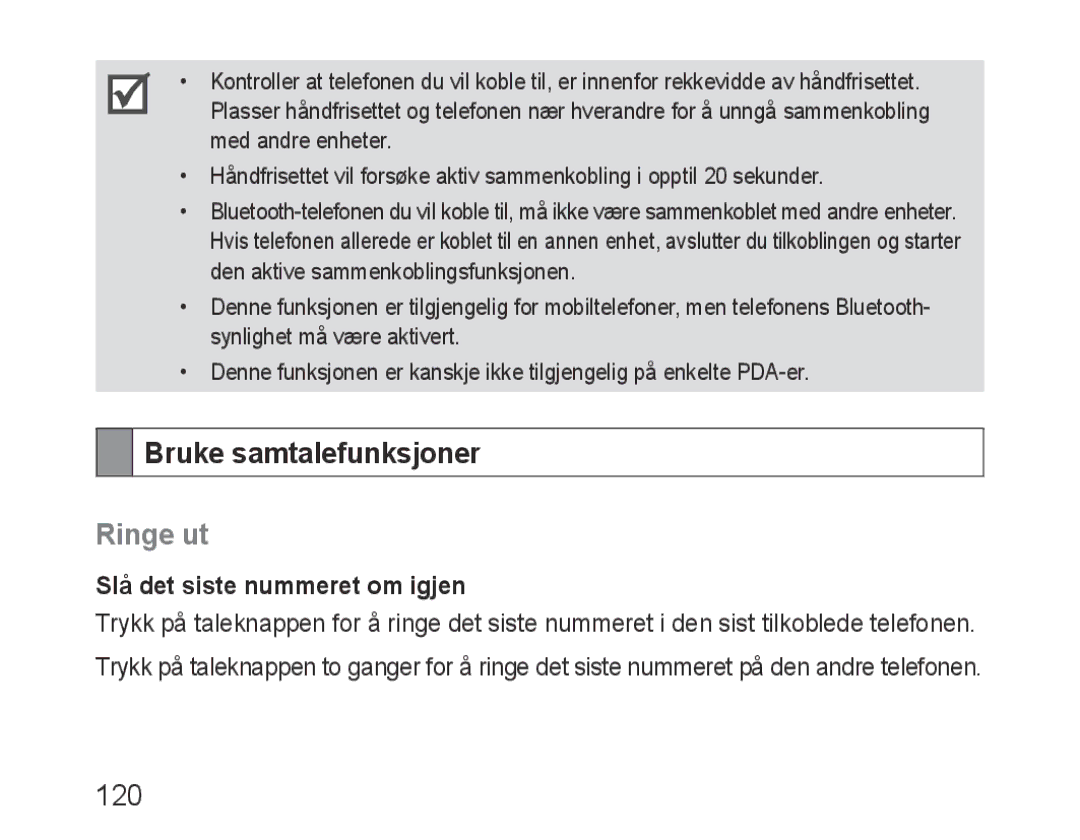 Samsung BHF1000VBECXET, BHF1000VBECXEF manual Bruke samtalefunksjoner, Ringe ut, 120, Slå det siste nummeret om igjen 