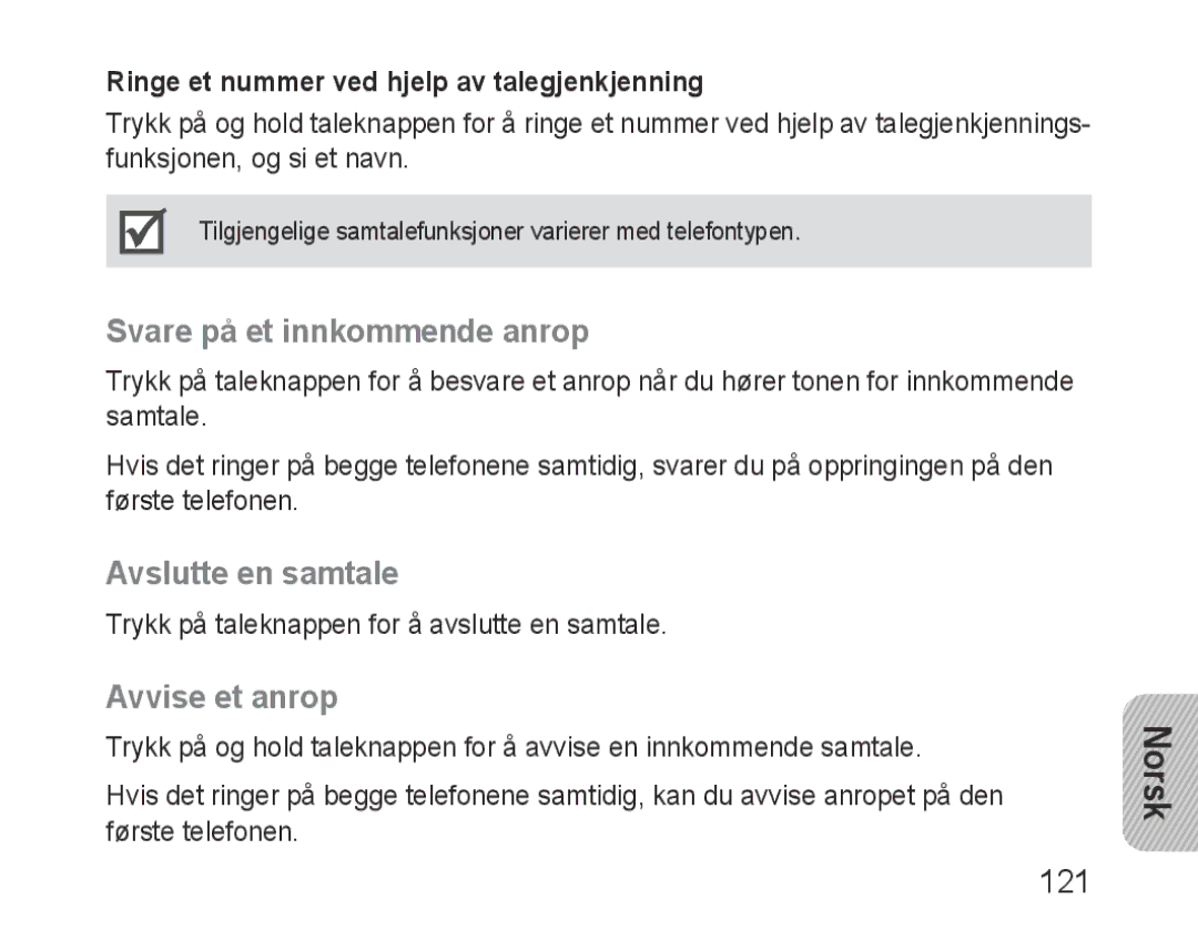 Samsung BHF1000VMECFOP, BHF1000VBECXEF manual Svare på et innkommende anrop, Avslutte en samtale, Avvise et anrop, 121 