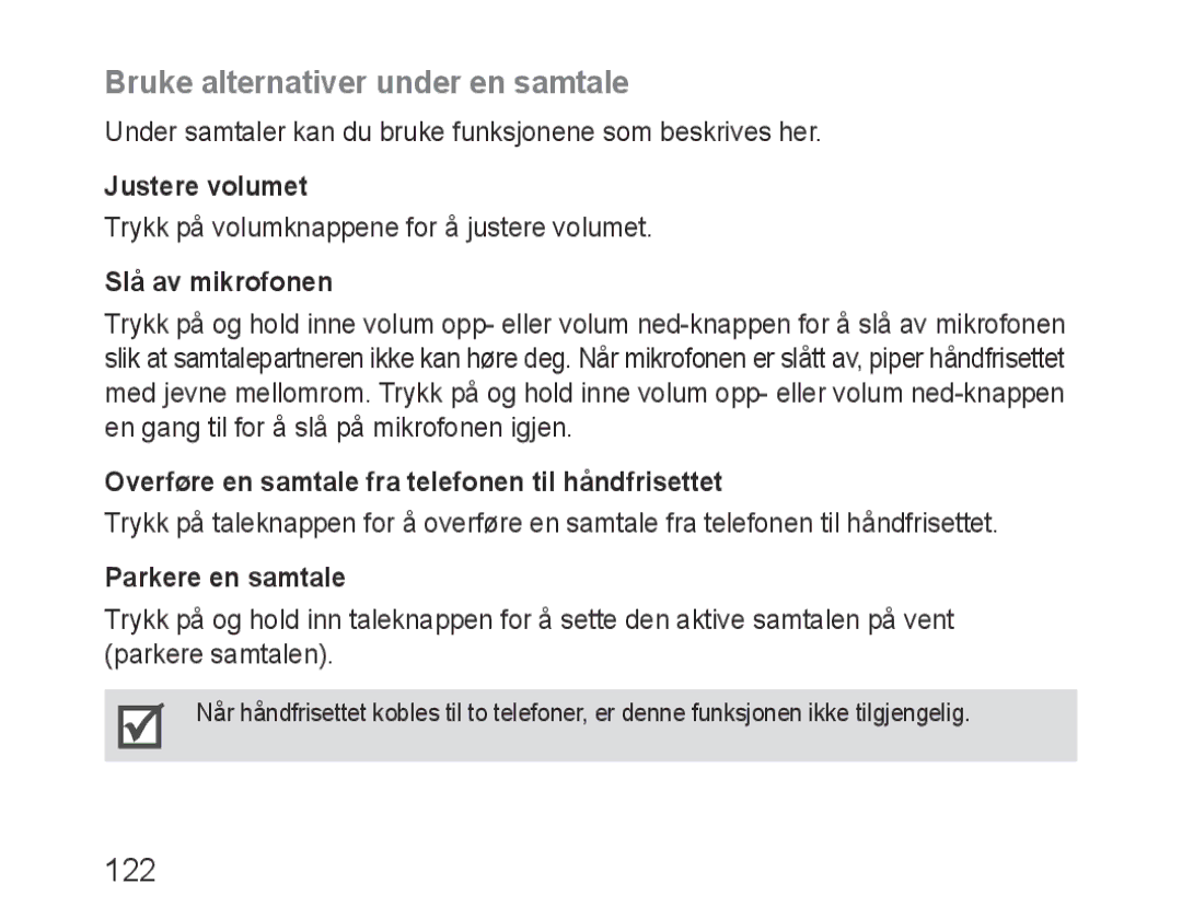 Samsung BHF1000VBECFOP, BHF1000VBECXEF, BHF1000VBECXET, BHF1000VMECFOP manual Bruke alternativer under en samtale, 122 