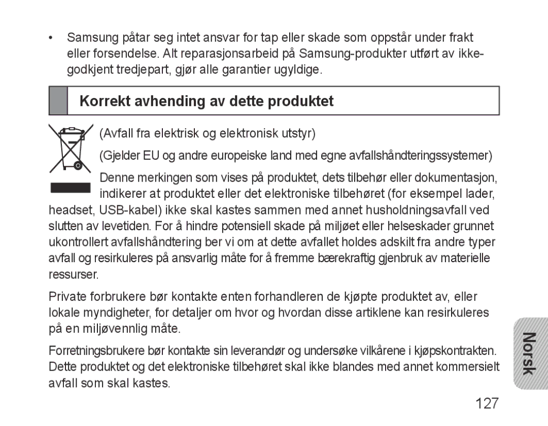 Samsung BHF1000VBECXEE, BHF1000VBECXEF, BHF1000VBECXET, BHF1000VMECFOP manual Korrekt avhending av dette produktet, 127 