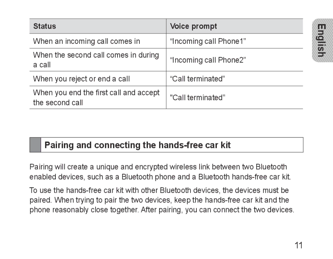 Samsung BHF1000VMECFOP, BHF1000VBECXEF, BHF1000VBECXET, BHF1000VBECFOP manual Pairing and connecting the hands-free car kit 