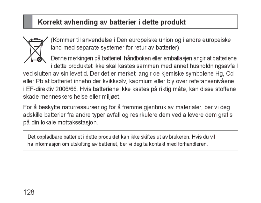 Samsung BHF1000VBECEUR, BHF1000VBECXEF, BHF1000VBECXET, BHF1000VMECFOP Korrekt avhending av batterier i dette produkt, 128 