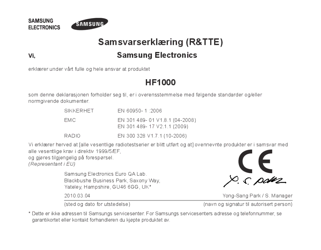 Samsung BHF1000VBECXEF, BHF1000VBECXET, BHF1000VMECFOP, BHF1000VBECFOP manual Samsvarserklæring R&TTE, Samsung Electronics 