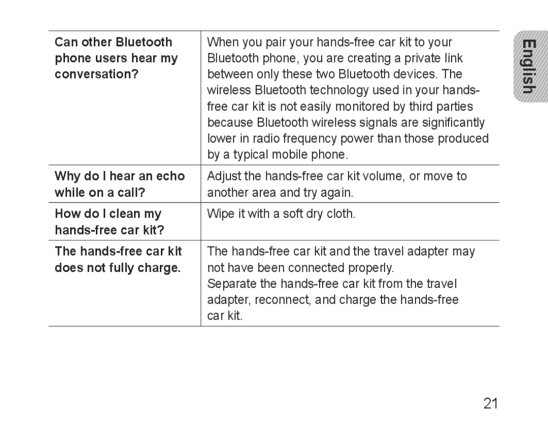 Samsung BHF1000VBECXET Can other Bluetooth, Phone users hear my, Conversation?, Why do I hear an echo, While on a call? 