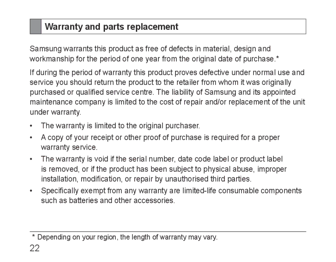 Samsung BHF1000VMECFOP, BHF1000VBECXEF, BHF1000VBECXET, BHF1000VBECFOP, BHF1000VBECXSG manual Warranty and parts replacement 