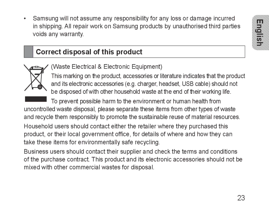 Samsung BHF1000VBECFOP, BHF1000VBECXEF manual Correct disposal of this product, Waste Electrical & Electronic Equipment 