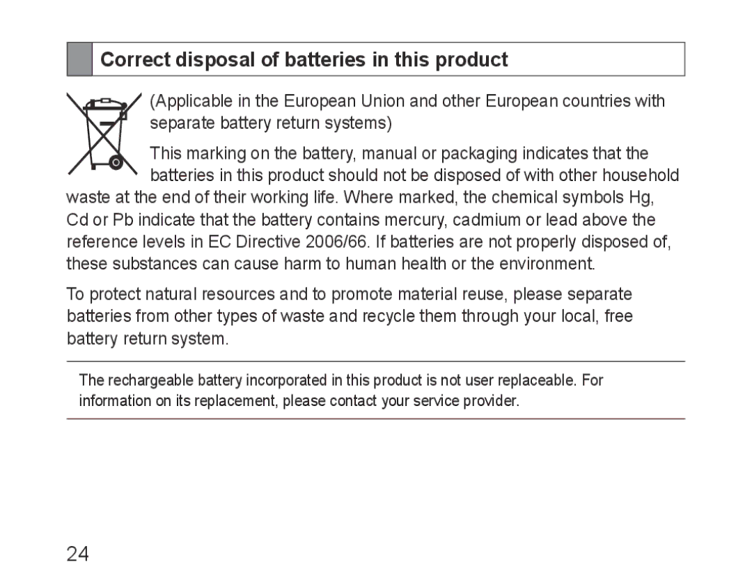 Samsung BHF1000VBECXSG, BHF1000VBECXEF, BHF1000VBECXET, BHF1000VMECFOP manual Correct disposal of batteries in this product 