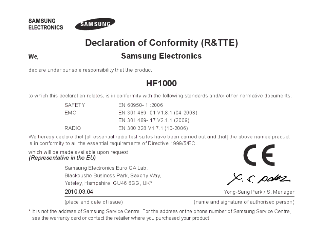 Samsung BHF1000VBECXEH, BHF1000VBECXEF, BHF1000VBECXET, BHF1000VMECFOP Declaration of Conformity R&TTE, Samsung Electronics 