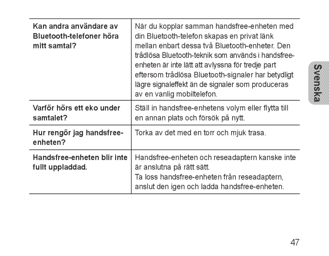 Samsung BHF1000VBEGJED manual Kan andra användare av, Bluetooth-telefoner höra, Mitt samtal?, Varför hörs ett eko under 