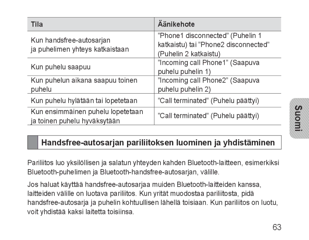 Samsung BHF1000VBECSER, BHF1000VBECXEF, BHF1000VBECXET manual Handsfree-autosarjan pariliitoksen luominen ja yhdistäminen 