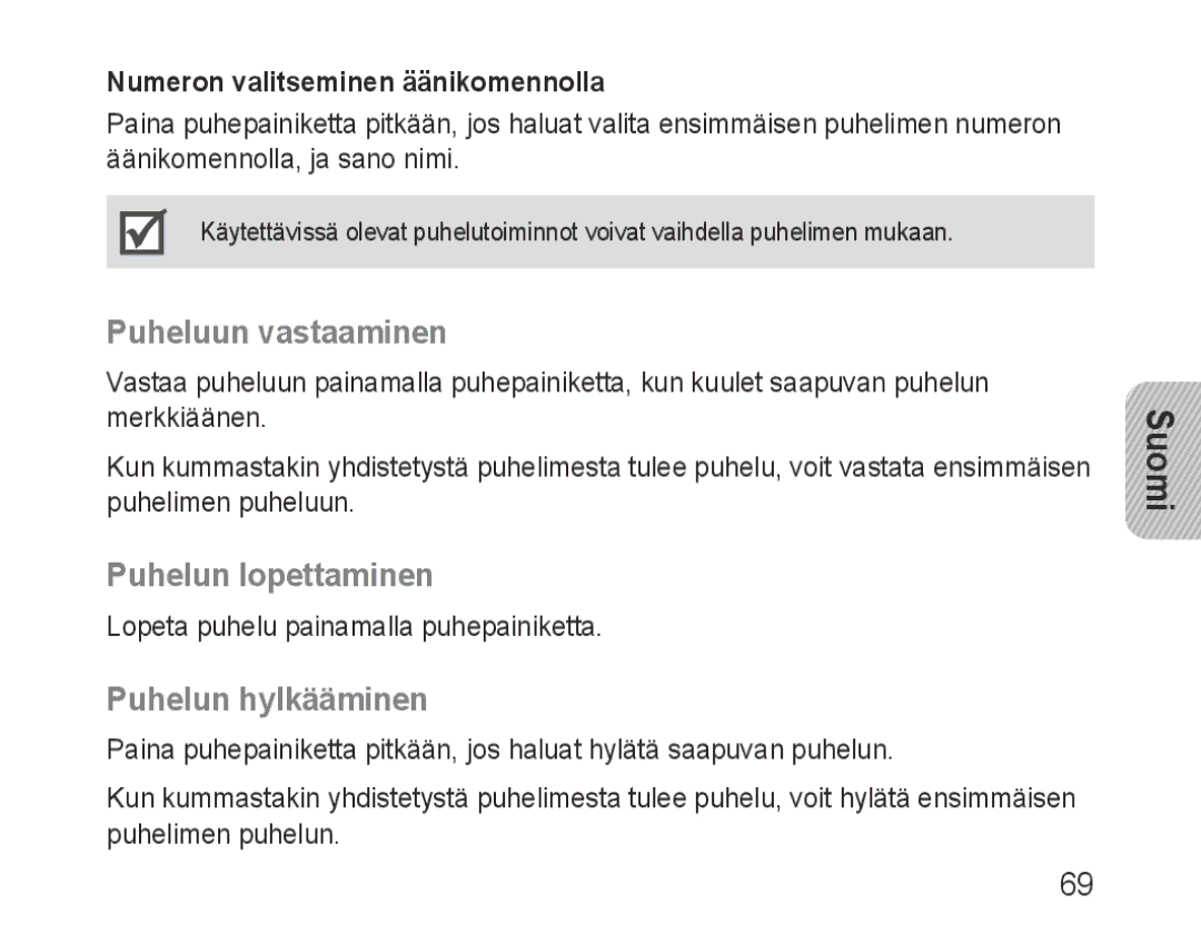 Samsung BHF1000VBEGJED, BHF1000VBECXEF, BHF1000VBECXET manual Puheluun vastaaminen, Puhelun lopettaminen, Puhelun hylkääminen 