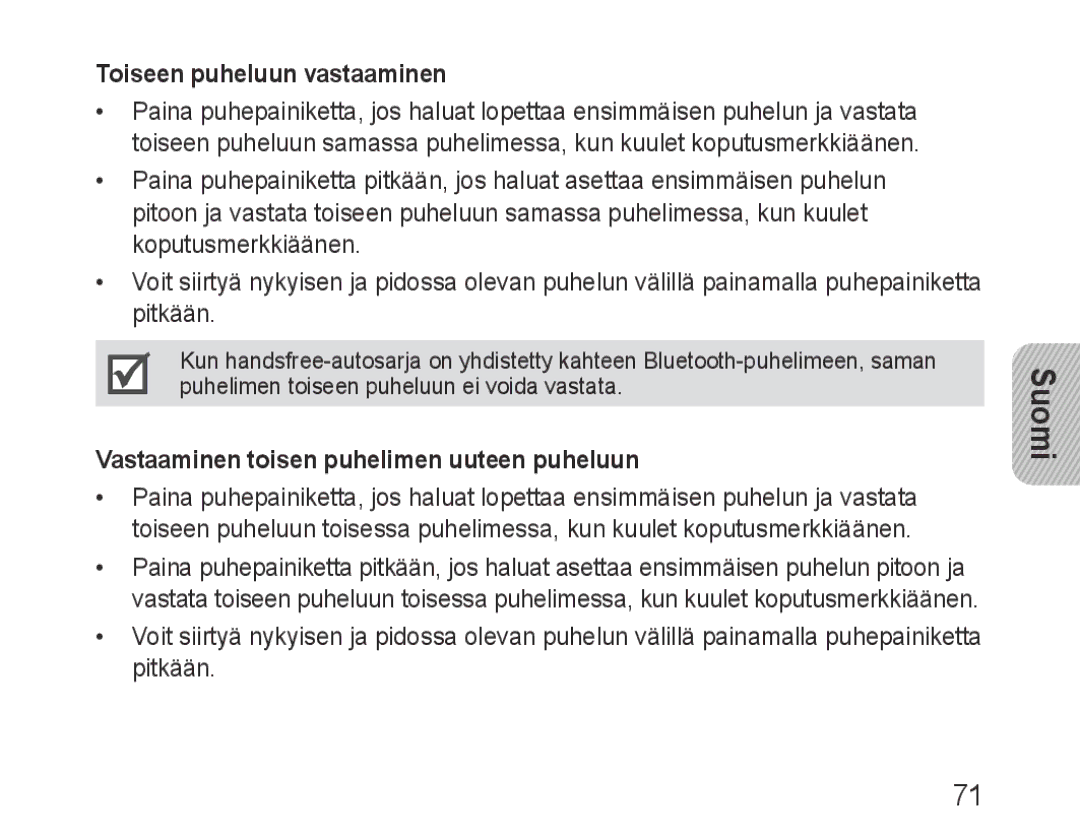 Samsung BHF1000VBECSEB, BHF1000VBECXEF manual Toiseen puheluun vastaaminen, Vastaaminen toisen puhelimen uuteen puheluun 