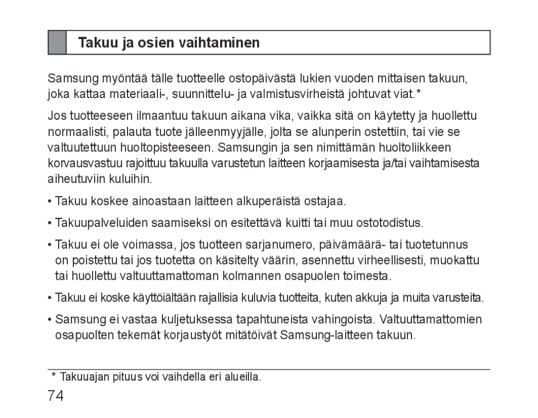 Samsung BHF1000VBECSER, BHF1000VBECXEF, BHF1000VBECXET, BHF1000VMECFOP, BHF1000VBECFOP manual Takuu ja osien vaihtaminen 