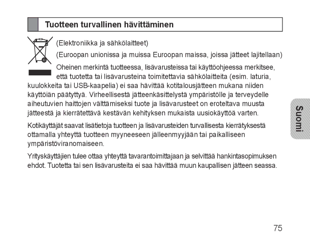 Samsung BHF1000VBECXEF, BHF1000VBECXET, BHF1000VMECFOP, BHF1000VBECFOP, BHF1000VBECXSG manual Tuotteen turvallinen hävittäminen 