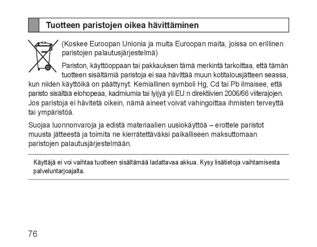 Samsung BHF1000VBECXET, BHF1000VBECXEF, BHF1000VMECFOP, BHF1000VBECFOP, BHF1000VBECXSG Tuotteen paristojen oikea hävittäminen 