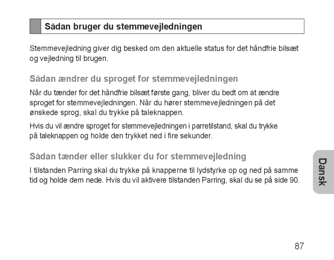 Samsung BHF1000VBECXET, BHF1000VBECXEF Sådan bruger du stemmevejledningen, Sådan ændrer du sproget for stemmevejledningen 