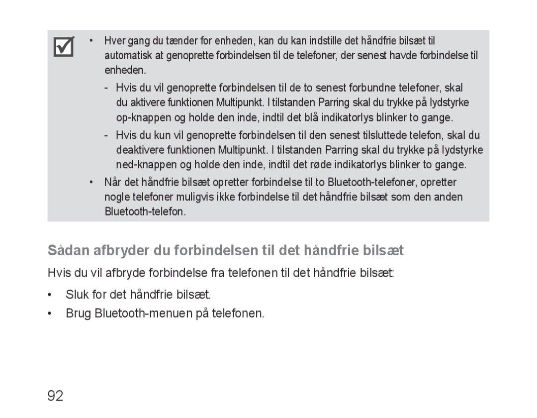 Samsung BHF1000VBECXEH, BHF1000VBECXEF, BHF1000VBECXET manual Sådan afbryder du forbindelsen til det håndfrie bilsæt 