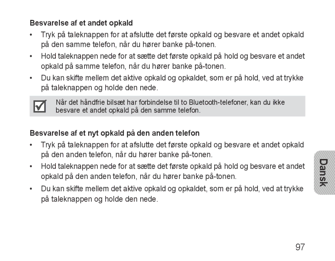 Samsung BHF1000VBECXEF, BHF1000VBECXET Besvarelse af et andet opkald, Besvarelse af et nyt opkald på den anden telefon 