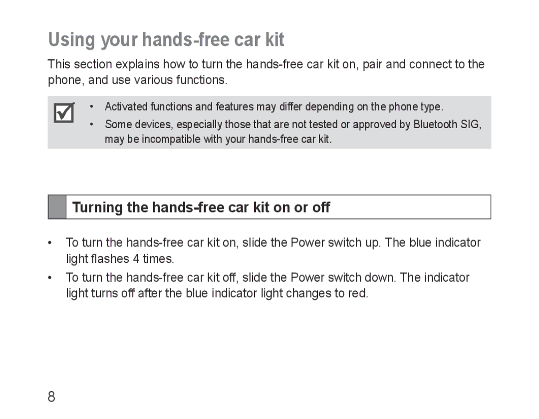 Samsung BHF1000VBECSER, BHF1000VBECXEF manual Using your hands-free car kit, Turning the hands-free car kit on or off 