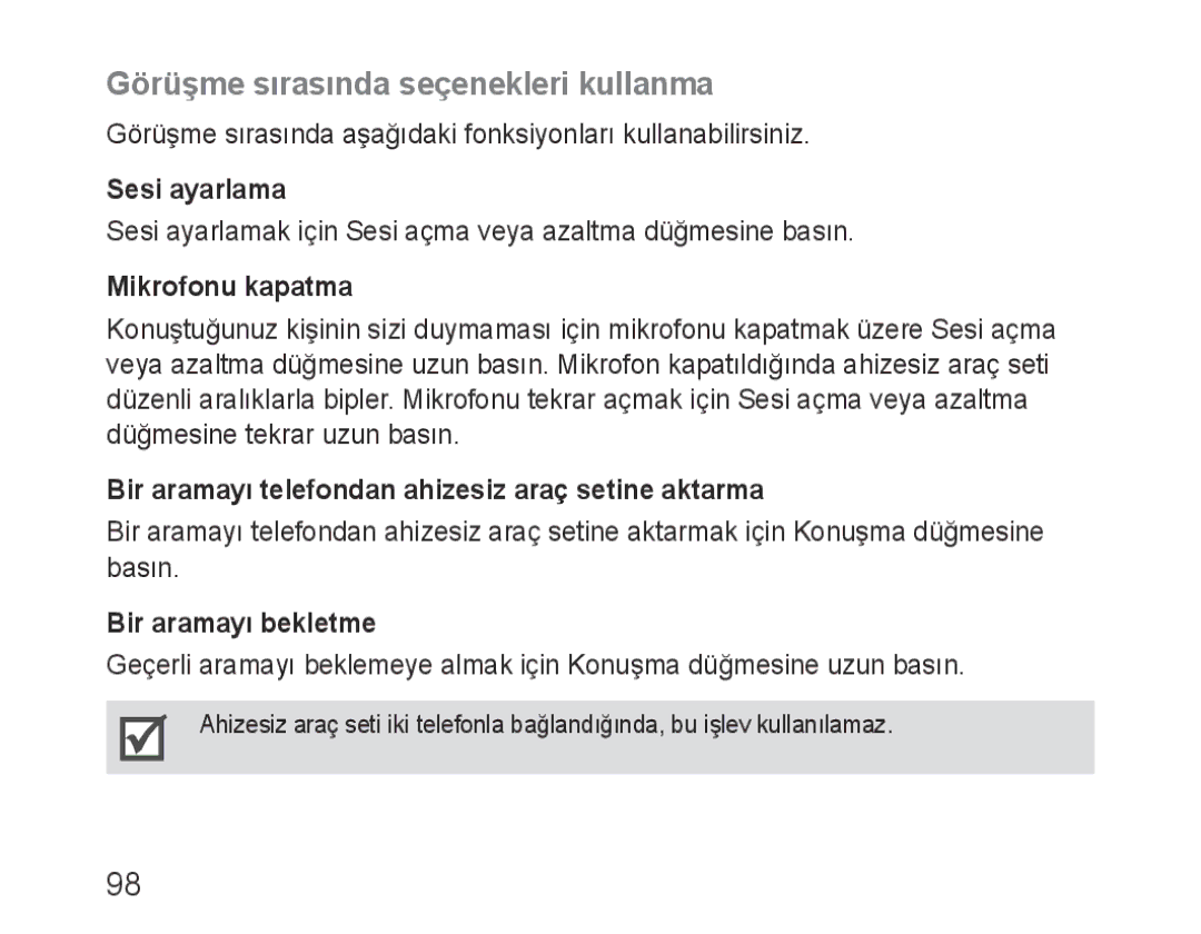 Samsung BHF1000VBECXET Görüşme sırasında seçenekleri kullanma, Sesi ayarlama, Mikrofonu kapatma, Bir aramayı bekletme 