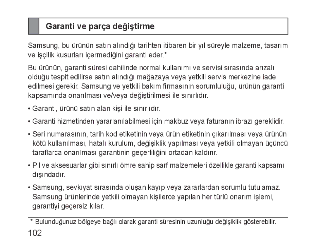 Samsung BHF1000VBEGJED, BHF1000VBECXEF, BHF1000VBECXET, BHF1000VMECFOP, BHF1000VBECFOP manual Garanti ve parça değiştirme, 102 