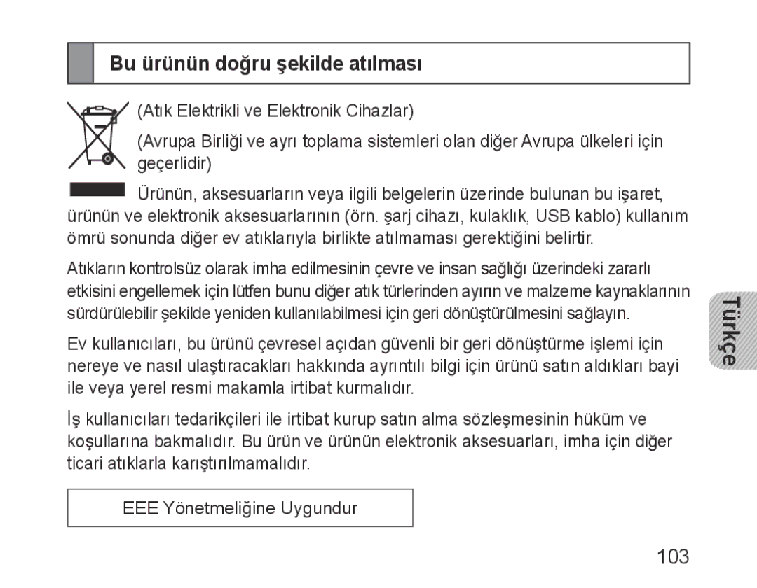 Samsung BHF1000VBECXEH, BHF1000VBECXEF, BHF1000VBECXET, BHF1000VMECFOP, BHF1000VBECFOP Bu ürünün doğru şekilde atılması, 103 