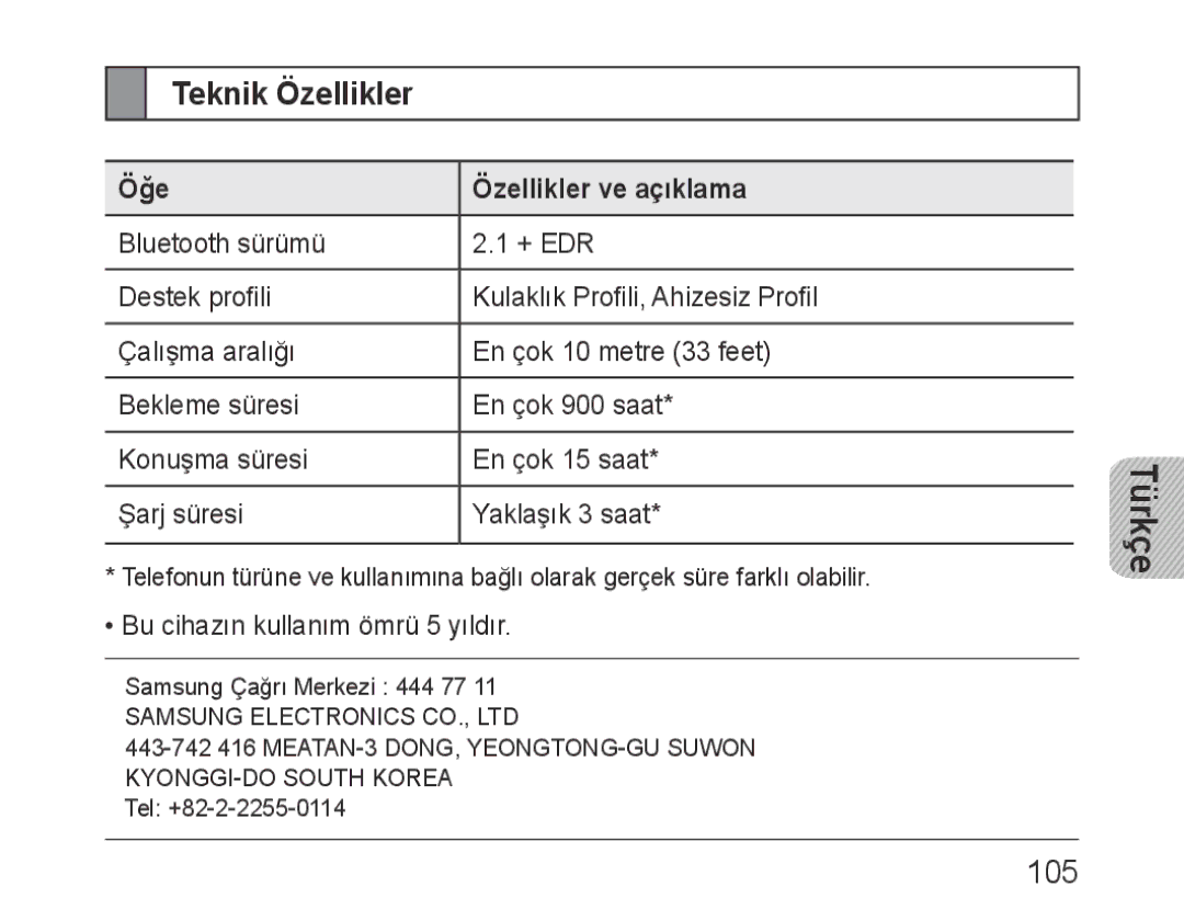 Samsung BHF1000VBECXEE, BHF1000VBECXEF, BHF1000VBECXET, BHF1000VMECFOP Teknik Özellikler, 105, Öğe Özellikler ve açıklama 