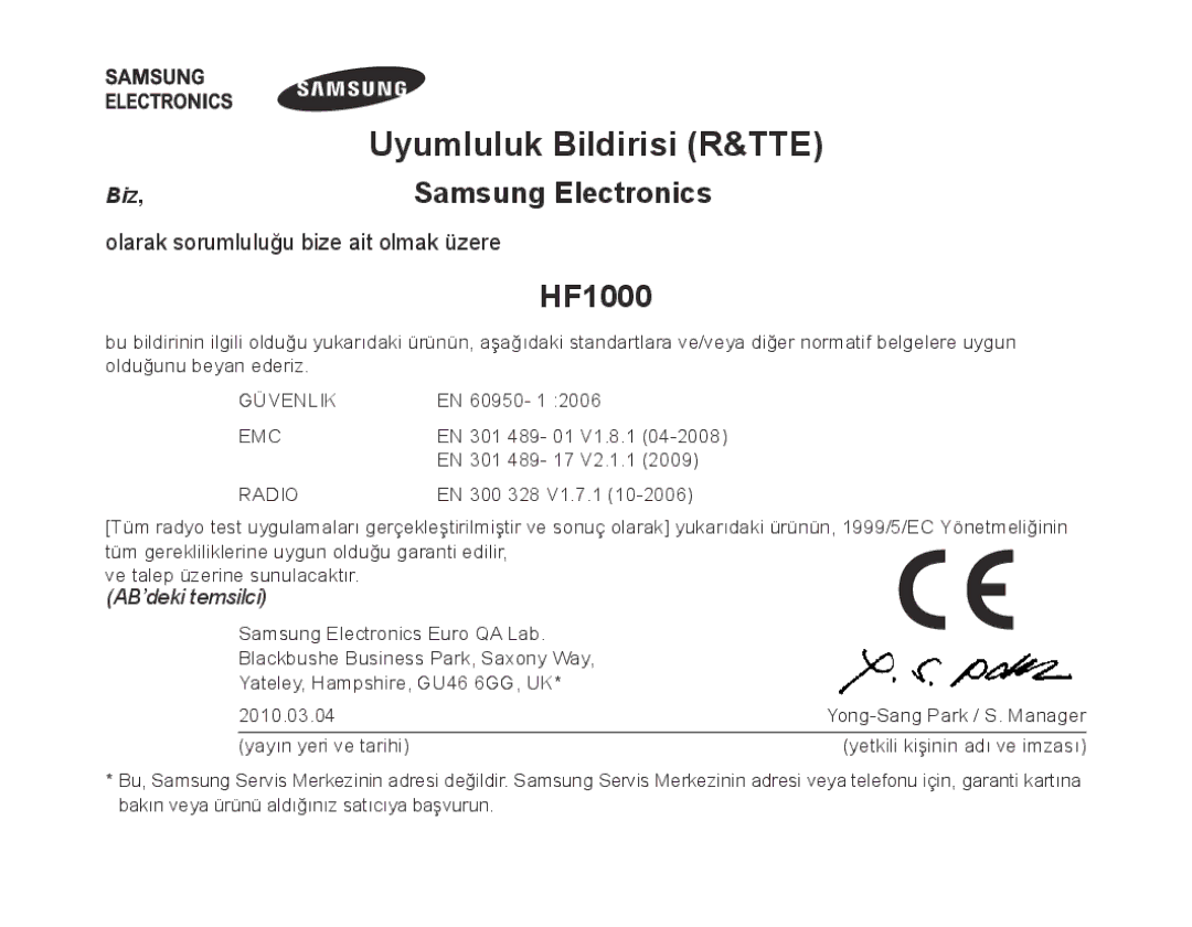 Samsung BHF1000VBECEUR, BHF1000VBECXEF, BHF1000VBECXET, BHF1000VMECFOP, BHF1000VBECFOP manual Uyumluluk Bildirisi R&TTE 