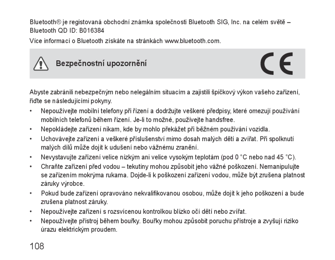 Samsung BHF1000VBECXEF, BHF1000VBECXET, BHF1000VMECFOP, BHF1000VBECFOP, BHF1000VBECXSG manual 108, Bezpečnostní upozornění 