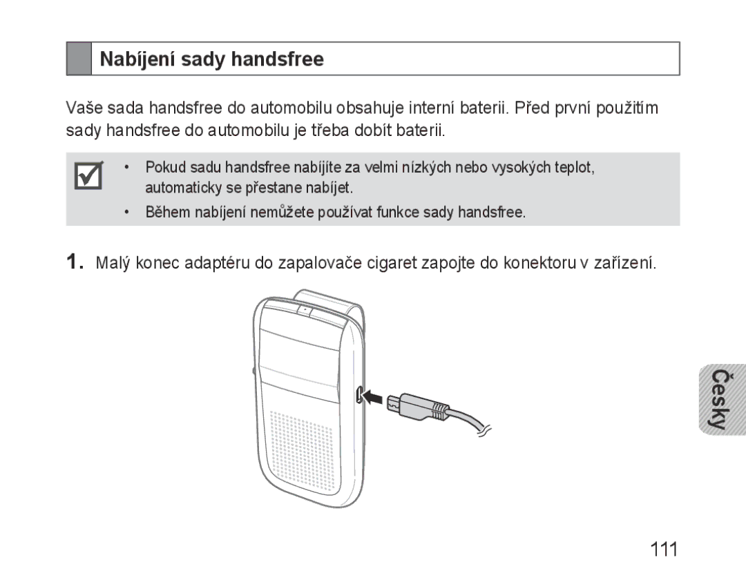 Samsung BHF1000VBECFOP, BHF1000VBECXEF, BHF1000VBECXET, BHF1000VMECFOP, BHF1000VBECXSG manual Nabíjení sady handsfree, 111 