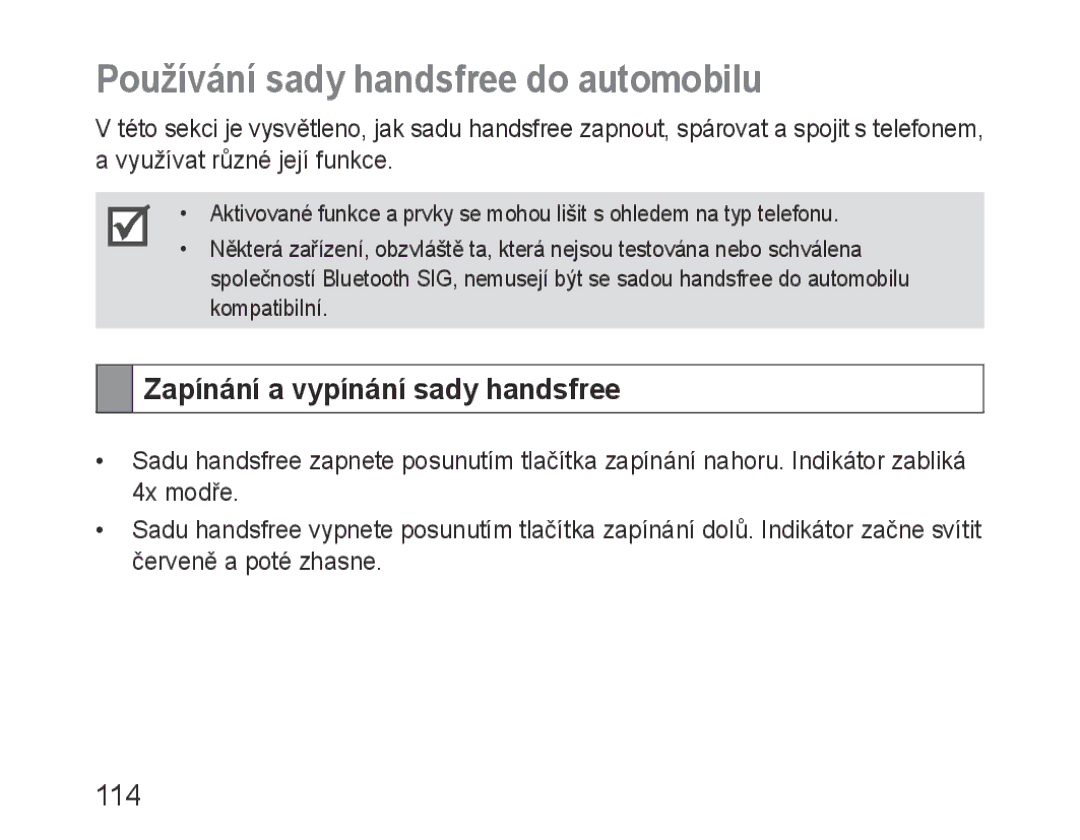 Samsung BHF1000VBECXEH, BHF1000VBECXEF Používání sady handsfree do automobilu, Zapínání a vypínání sady handsfree, 114 