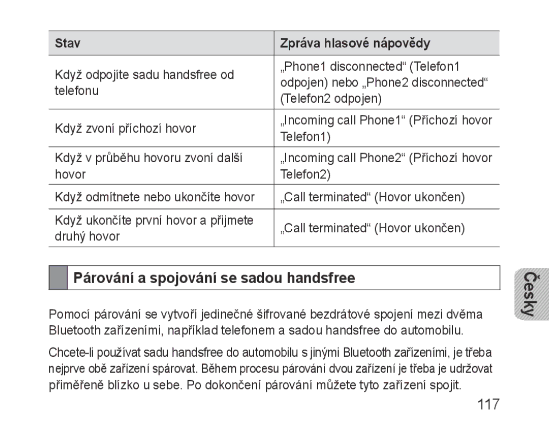 Samsung BHF1000VBECEUR, BHF1000VBECXEF, BHF1000VBECXET, BHF1000VMECFOP manual Párování a spojování se sadou handsfree, 117 