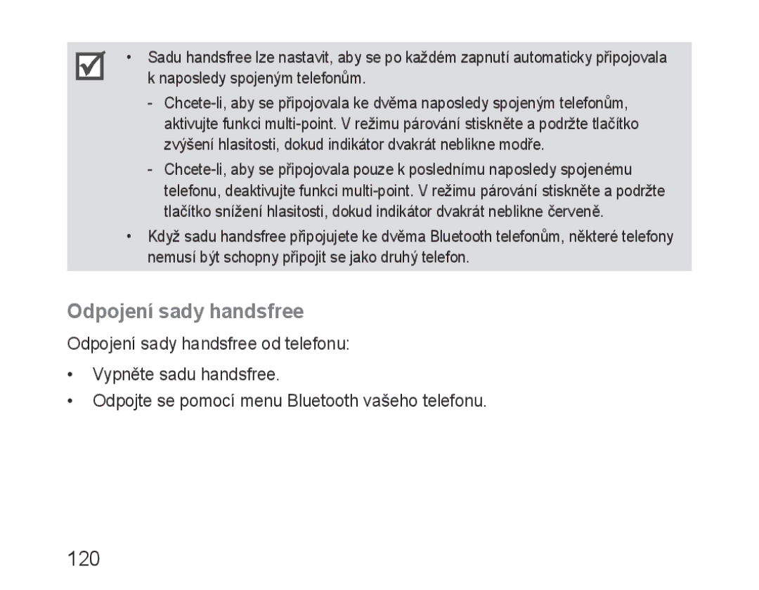 Samsung BHF1000VBECXET, BHF1000VBECXEF, BHF1000VMECFOP, BHF1000VBECFOP, BHF1000VBECXSG manual Odpojení sady handsfree, 120 